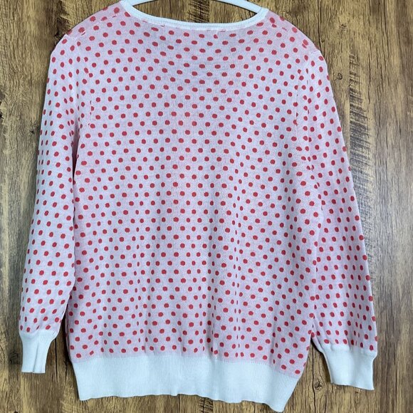 NWT Max Studio Scoop Neck Cotton Cardigan Sweater White w/Coral Polka Dots, XL - Picture 4 of 8